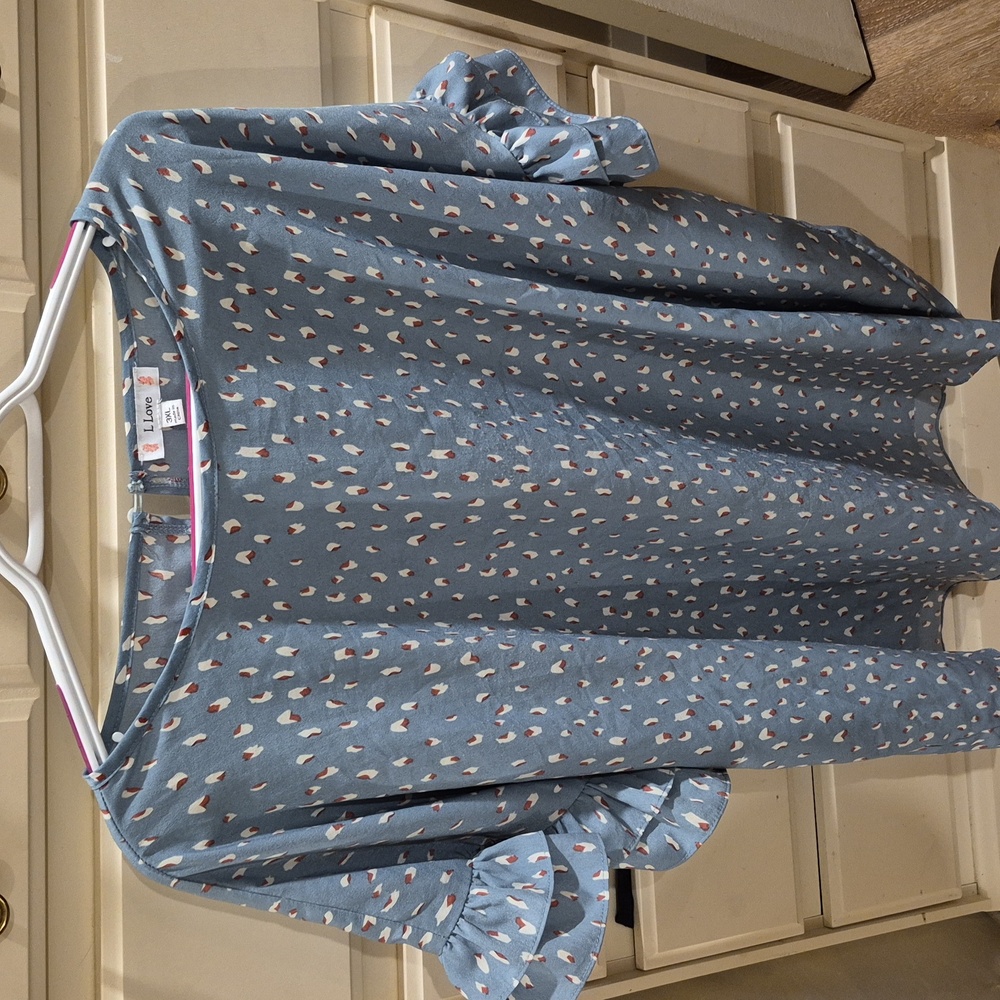 L Love Ruffle Sleeve Blue Gray Top